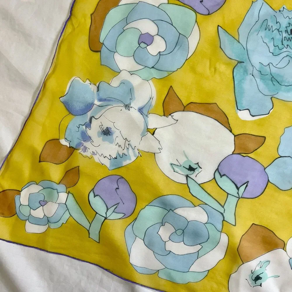 vintage yellow blue white floral scarf square poly chiffon